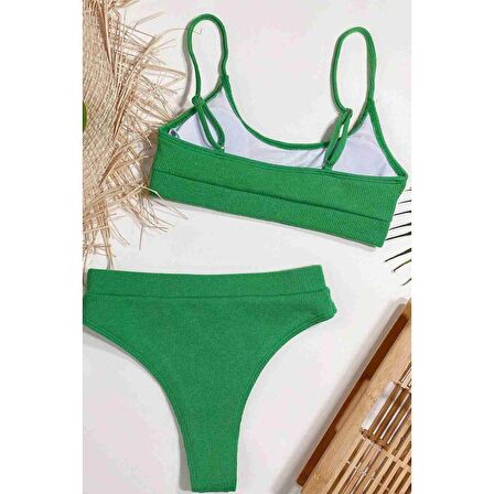 Angelsin Yüksek Bel Fitilli Kumaş Tankini Bikini Takım Yeşil