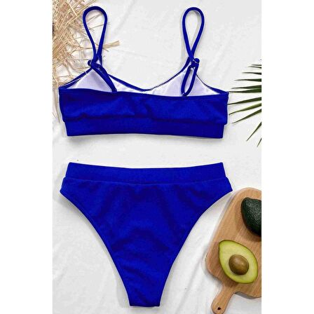 Angelsin Yüksek Bel Fitilli Kumaş Tankini Bikini Takım Saks