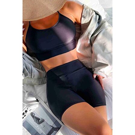 Angelsin Sırtı Çapraz Şık Tankini Bikini Üstü Siyah