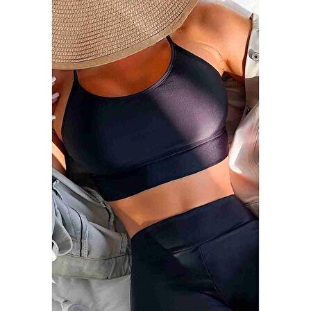 Angelsin Sırtı Çapraz Şık Tankini Bikini Üstü Siyah