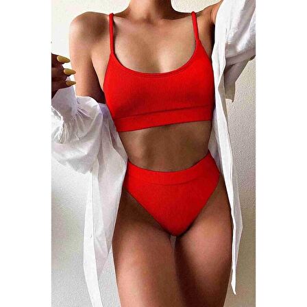 Angelsin Yüksek Bel Fitilli Kumaş BiKini Altı Kırmızı