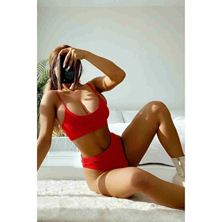 Angelsin Yüksek Bel Fitilli Kumaş BiKini Altı Kırmızı