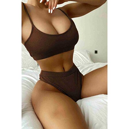 Angelsin Yüksek Bel Fitilli Kumaş BiKini Altı Kahverengi