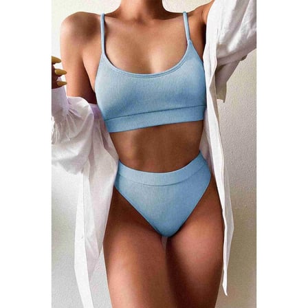 Angelsin Yüksek Bel Fitilli Kumaş Tankini Bikini Üstü Mavi