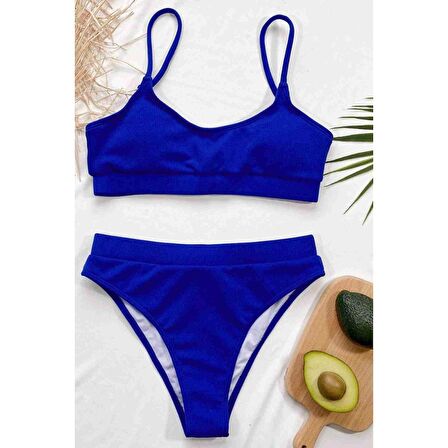 Angelsin Yüksek Bel Fitilli Kumaş Tankini Bikini Üstü Saks