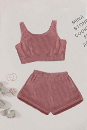 Merry See Tek Renk 1 Takım Kolsuz Askılı Peluş Polar Alt Üst Şortlu Pijama Takımı