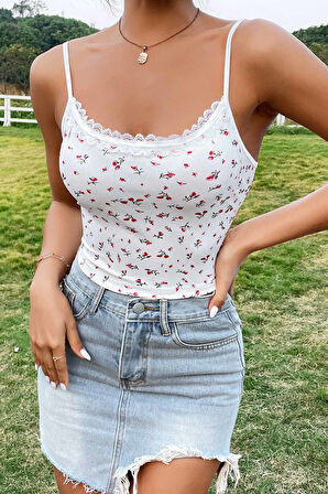 Merry See Çiçek Desenli Askılı Atlet Bluz Crop Top