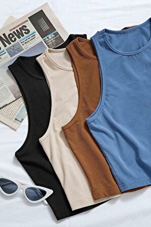 Merry See 4'lü Paket 4 Renk Takım Kadın Kolsuz Örme Kumaş Bluz Crop