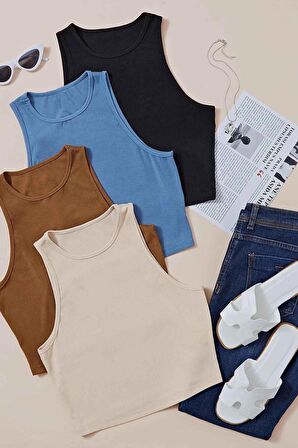 Merry See 4'lü Paket 4 Renk Takım Kadın Kolsuz Örme Kumaş Bluz Crop