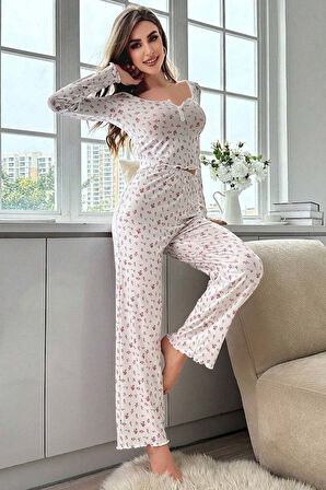 Merry See Çiçek Desenli Uzun Kollu Pijama Takımı