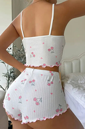 Merry See Kiraz Baskılı Askılı Şortlu  Pijama Takımı