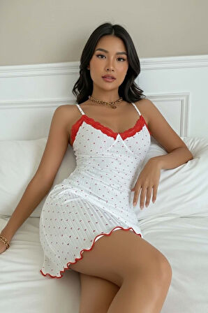 Merry See Kalp Baskılı Askılı Şık Gecelik Pijama