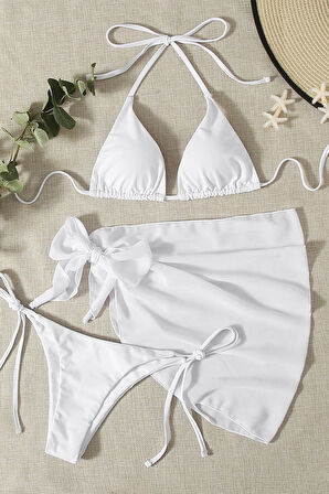 Angelsin Pareolu Bağlamalı 3'lü Bikini Takım Set (Çıkartılabilir Kaplı)