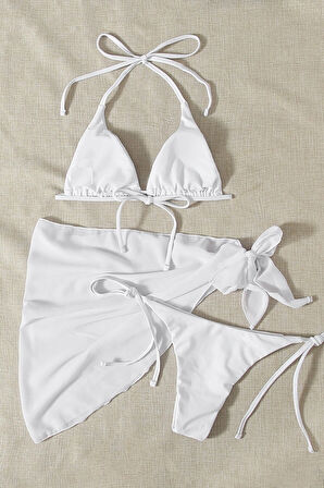 Angelsin Pareolu Bağlamalı 3'lü Bikini Takım Set (Çıkartılabilir Kaplı)