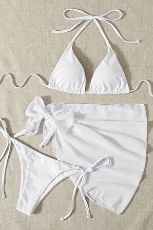 Angelsin Pareolu Bağlamalı 3'lü Bikini Takım Set (Çıkartılabilir Kaplı)