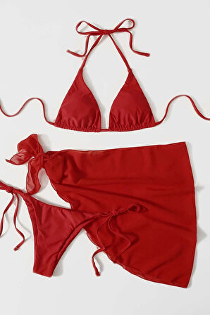 Angelsin Pareolu Bağlamalı 3'lü Bikini Takım Set (Çıkartılabilir Kaplı)