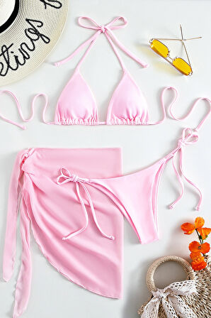 Angelsin Pareolu Bağlamalı 3'lü Bikini Takım Set (Çıkartılabilir Kaplı)