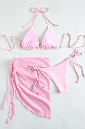 Angelsin Pareolu Bağlamalı 3'lü Bikini Takım Set (Çıkartılabilir Kaplı)