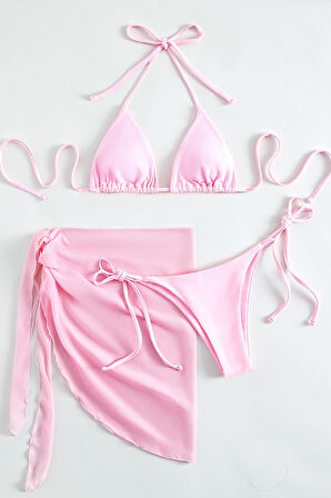 Angelsin Pareolu Bağlamalı 3'lü Bikini Takım Set (Çıkartılabilir Kaplı)