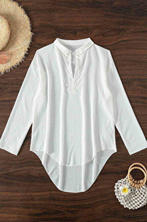 Angelsin Gömlek Görünümlü Likralı Plaj Elbisesi Pareo Cover Up Kimono