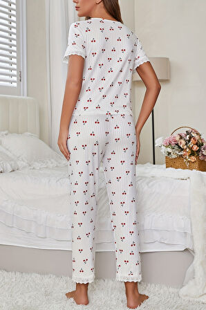 Merry See Özel Örme Kumaş Güpür Dantelli Kiraz Baskılı Kısa Kollu Pijama Takımı