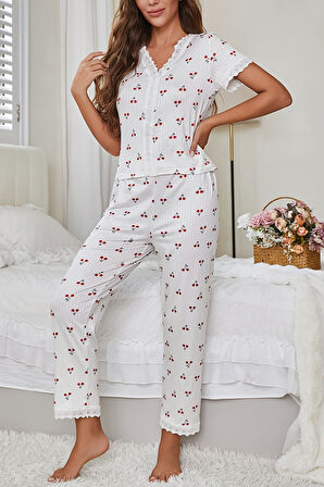 Merry See Özel Örme Kumaş Güpür Dantelli Kiraz Baskılı Kısa Kollu Pijama Takımı