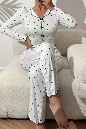 Merry See Kalp Baskılı Uzun Kollu Pijama Takımı