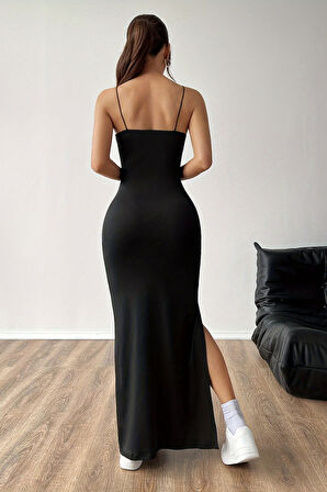 Merry See Askılı Şık Yırtmaçlı Uzun Elbise