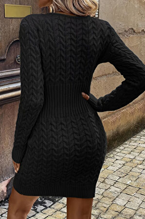 Merry See Uzun Kollu Fermuarlı Triko Örme Mini Elbise