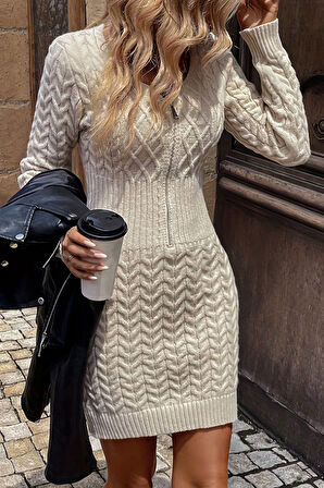 Merry See Uzun Kollu Fermuarlı Triko Örme Mini Elbise