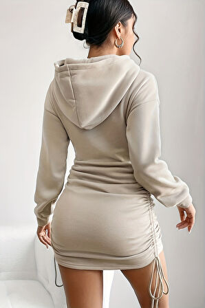 Merry See Kapşonlu Yandan Büzgülü Ayarlı Baskılı Uzun Oversize Sweatshirt Elbise