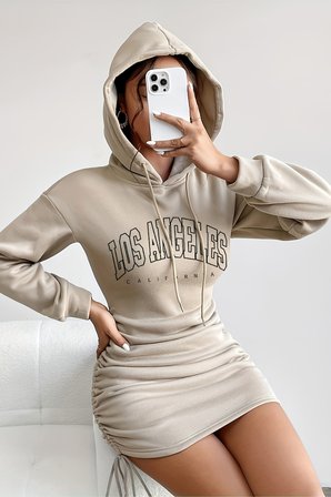 Merry See Kapşonlu Yandan Büzgülü Ayarlı Baskılı Uzun Oversize Sweatshirt Elbise