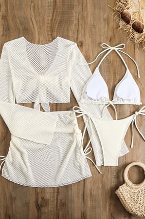 Angelsin Bağlamalı Alt Üst Pareo Üçgen 4'lü Brezilya Bikini Takım Set(Çıkartılabilir Kaplı)