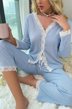 Merry See Ribanalı Dantel Detay İki Parça Pijama Takım