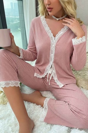 Merry See Ribanalı Dantel Detay İki Parça Pijama Takım