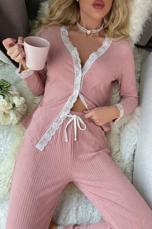 Merry See Ribanalı Dantel Detay İki Parça Pijama Takım