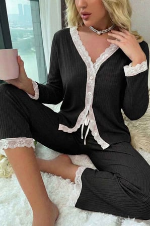 Merry See Ribanalı Dantel Detay İki Parça Pijama Takım