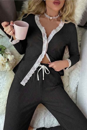 Merry See Ribanalı Dantel Detay İki Parça Pijama Takım