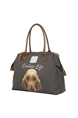 Gri  Cocker Spaniel Baskılı Omuz Askılı Çanta M000002654