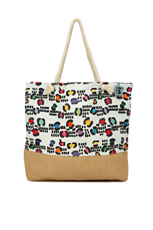 Beyaz   Baskılı Jüt Garnili Plaj Çantası M000008632