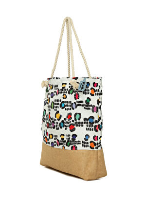 Beyaz   Baskılı Jüt Garnili Plaj Çantası M000008632