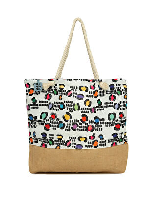 Beyaz   Baskılı Jüt Garnili Plaj Çantası M000008632