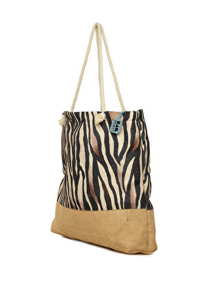 Kahverengi  Baskılı Jüt Garnili Plaj Çantası M000008632