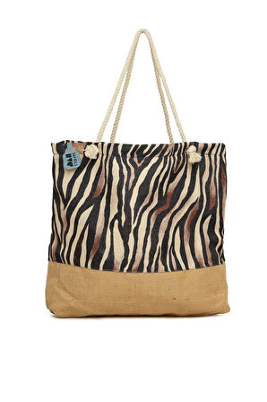 Kahverengi  Baskılı Jüt Garnili Plaj Çantası M000008632