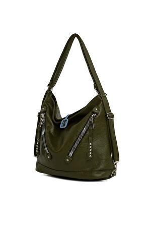 Haki  Yumuşak Dokulu Çift Çapraz Fermuarlı Askılı ve Sırt Salaş Çanta M000008642