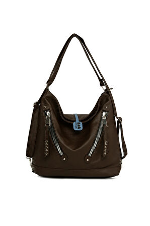 Kahverengi  Yumuşak Dokulu Çift Çapraz Fermuarlı Askılı ve Sırt Salaş Çanta M000008642