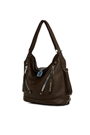 Kahverengi  Yumuşak Dokulu Çift Çapraz Fermuarlı Askılı ve Sırt Salaş Çanta M000008642