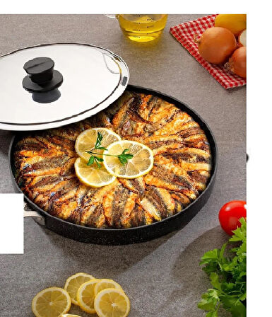 Essenso 34 Cm DÖKÜM granit Kapaklı Karadeniz Balık Börek Tavası Izgara Grill ET Hamsi Tava