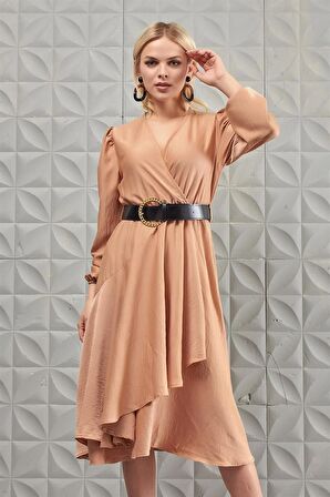 Kruvaze Saten Camel Elbise