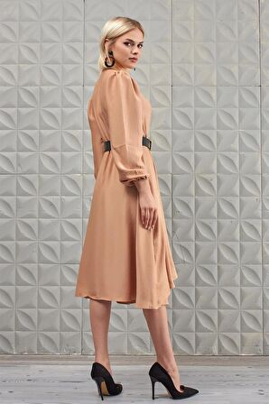 Kruvaze Saten Camel Elbise